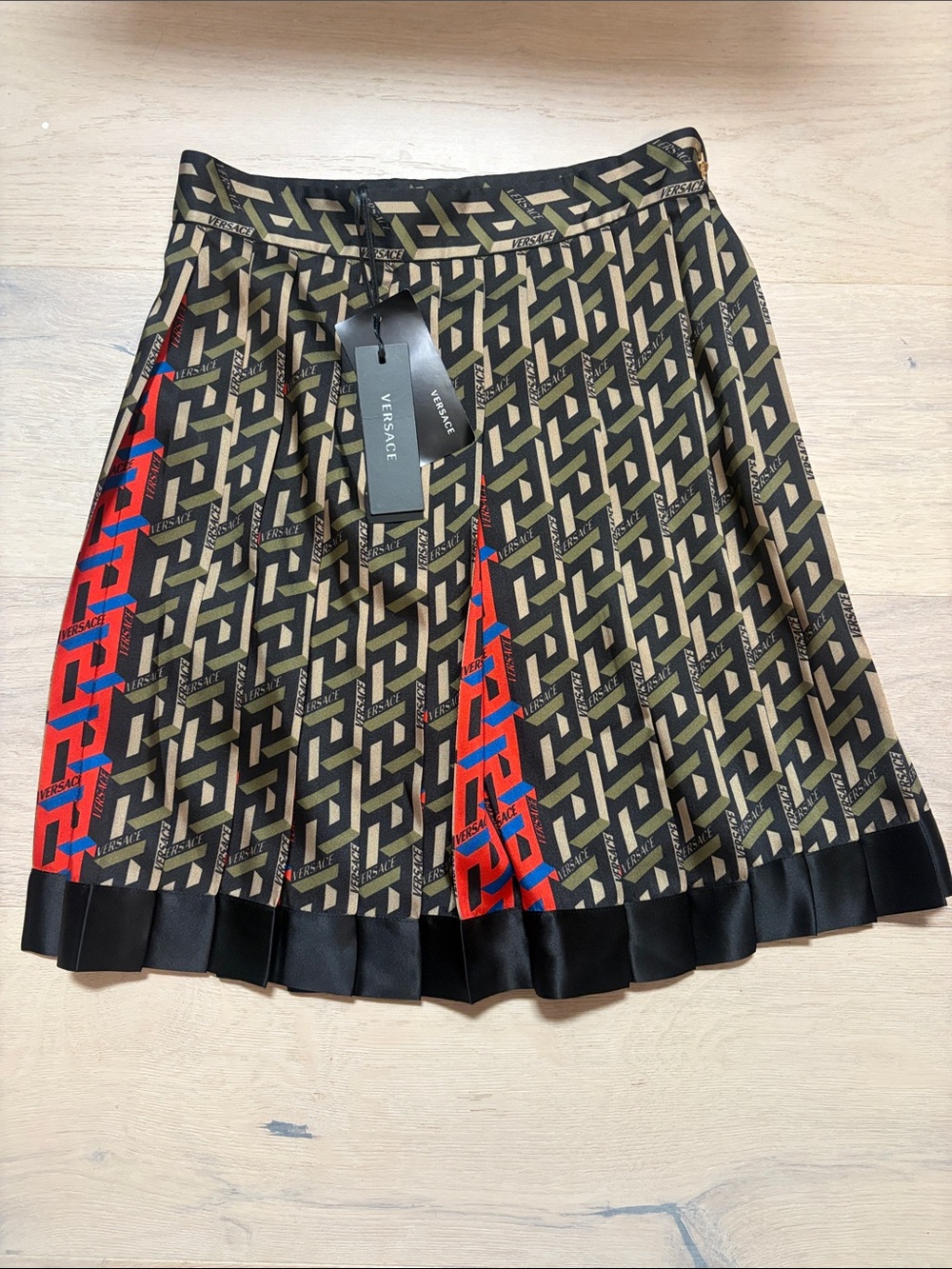Versace Olive & Black Monogram Pleated Skirt with Red Graphic Detail